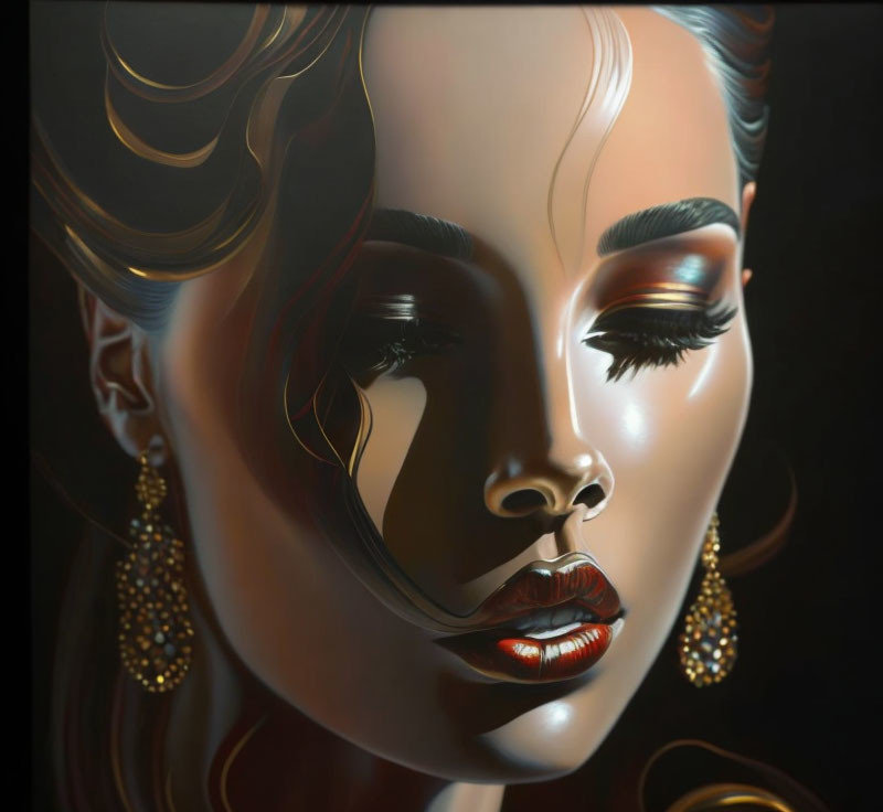 Detailed digital portrait of a woman with glossy lips and golden hair on dark backdrop