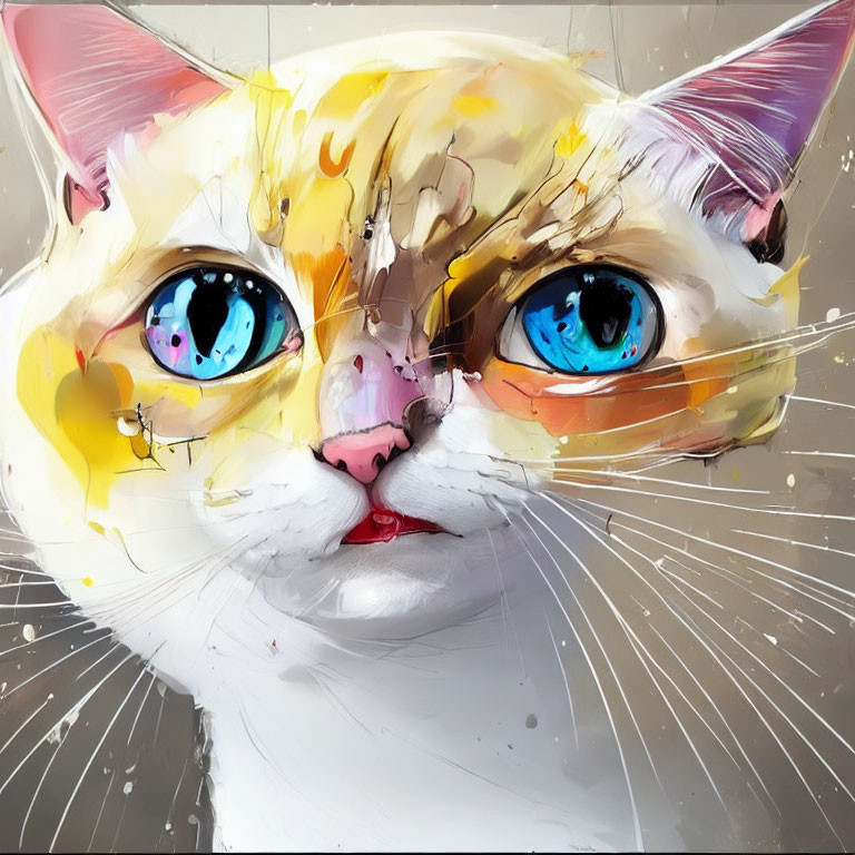 Digital artwork of a cat with splattered paint effect, vivid blue eyes