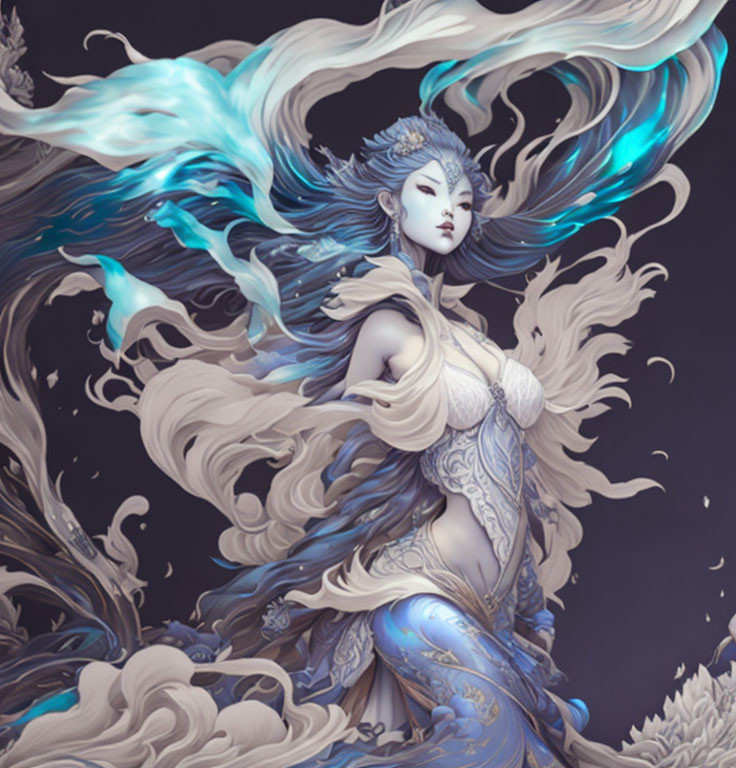 Mystical artwork of woman with ornate headdress and blue-white flames