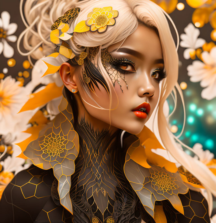 Woman with Pale Skin and Striking Makeup in Golden Floral Patterns among White and Orange Flowers