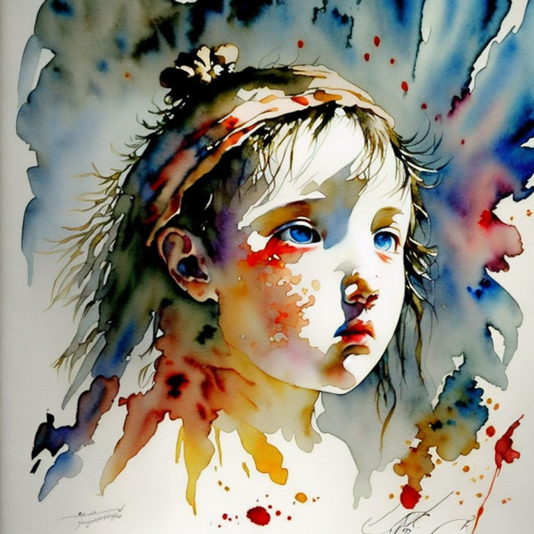 Colorful Watercolor Painting of Child's Face with Expressive Eyes