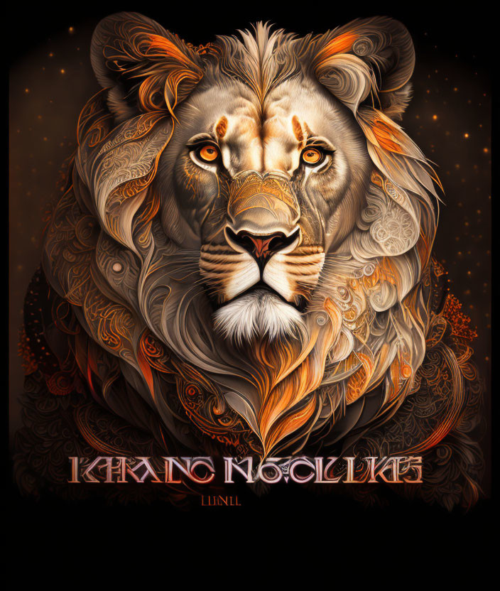 Majestic lion illustration with intricate patterns in golden hues