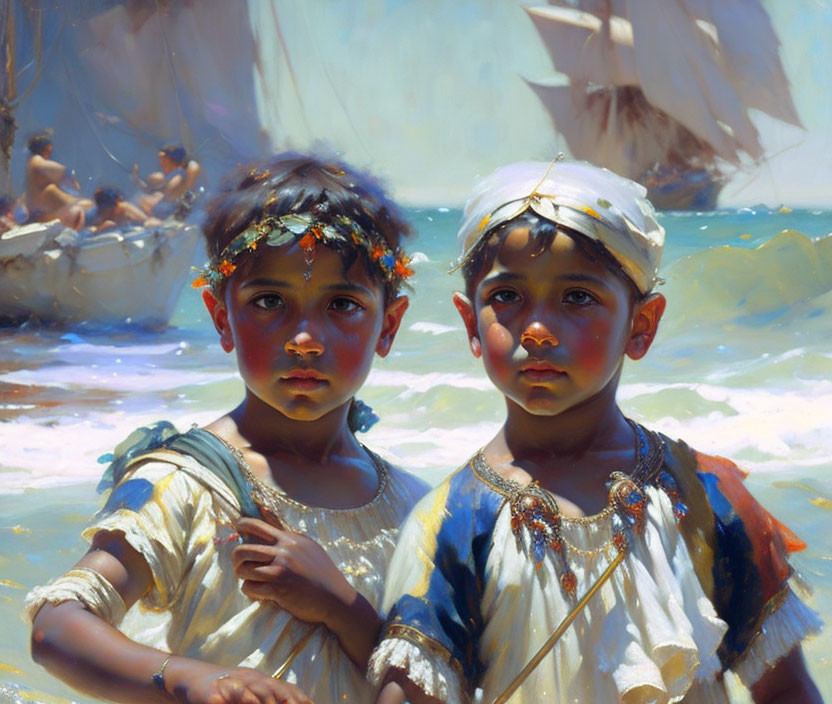 Children in historical clothing on beach with sailboats in background