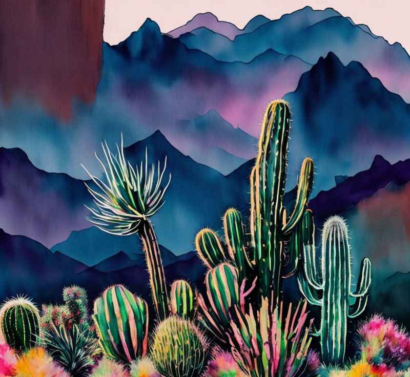 Desert scene watercolor painting with cacti and purple mountains