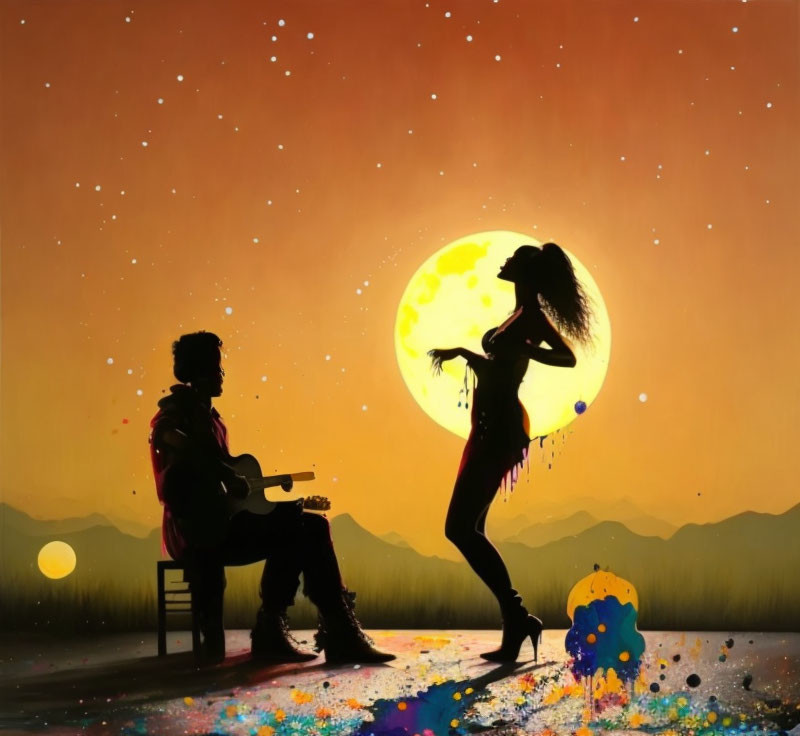 Man playing guitar with woman dancing under orange sky and full moon.