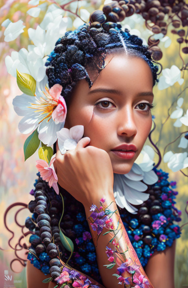 Woman with Floral Adornments and Botanical Tattoos in Ethereal Setting