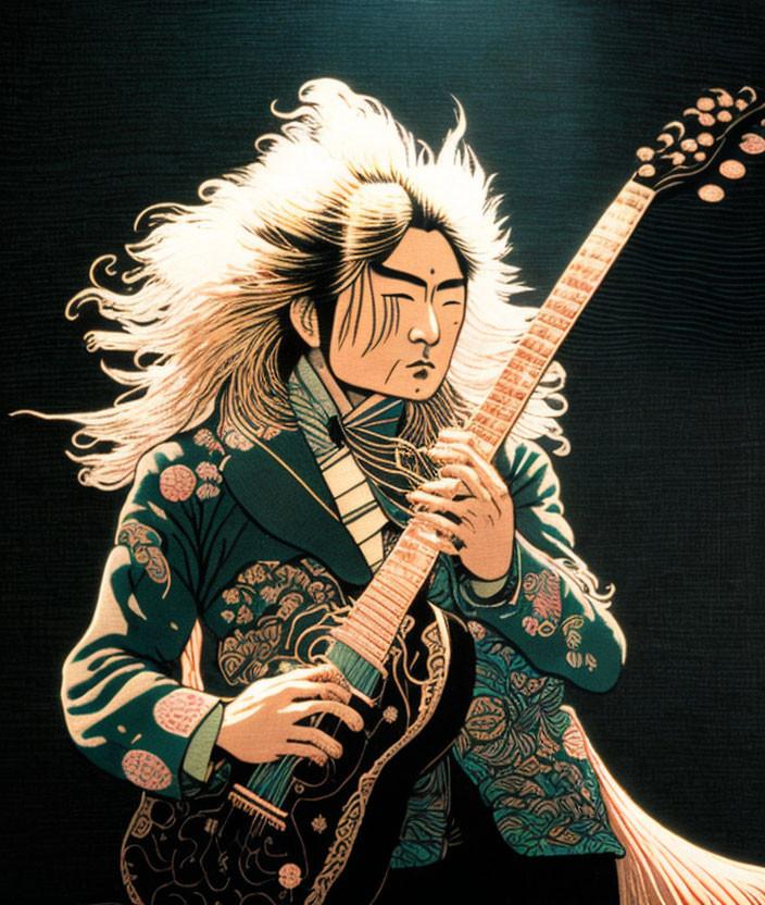 Person playing stringed instrument in patterned clothing against textured background