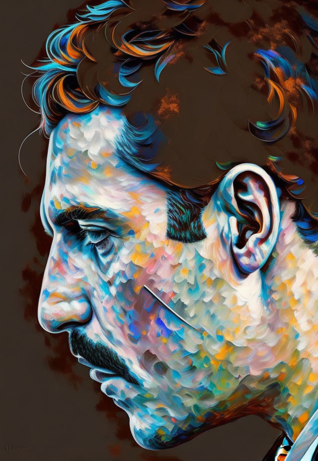 Colorful Digital Painting: Melancholic Man with Stylized Mustache & Blue Eyes