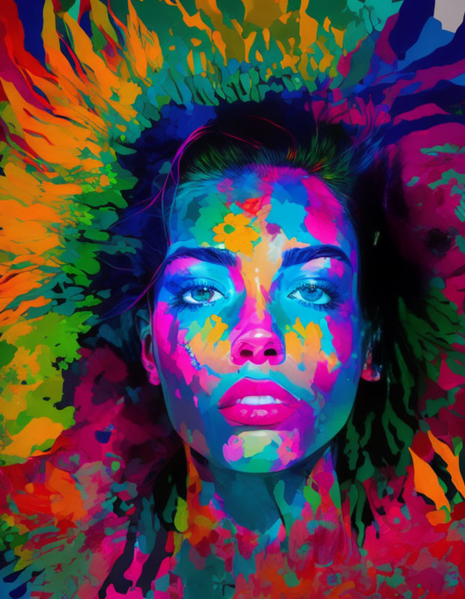 Colorful portrait of a woman with neon paint splashes