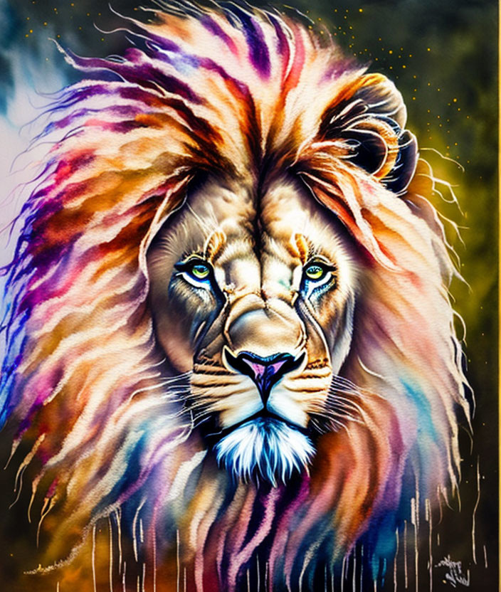 Colorful lion painting with purple, orange, and yellow mane on dark background