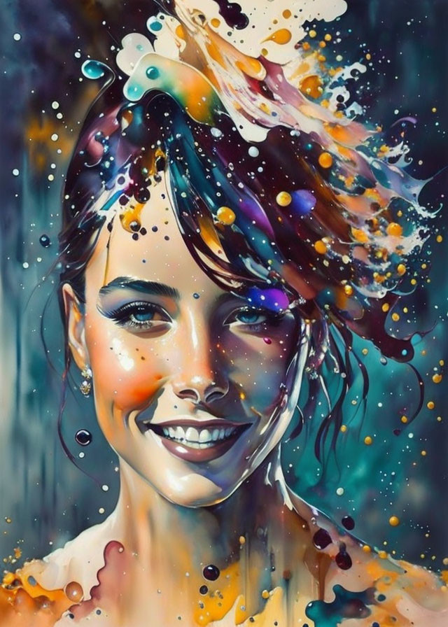 Colorful digital artwork of a smiling woman with paint splashes around her.