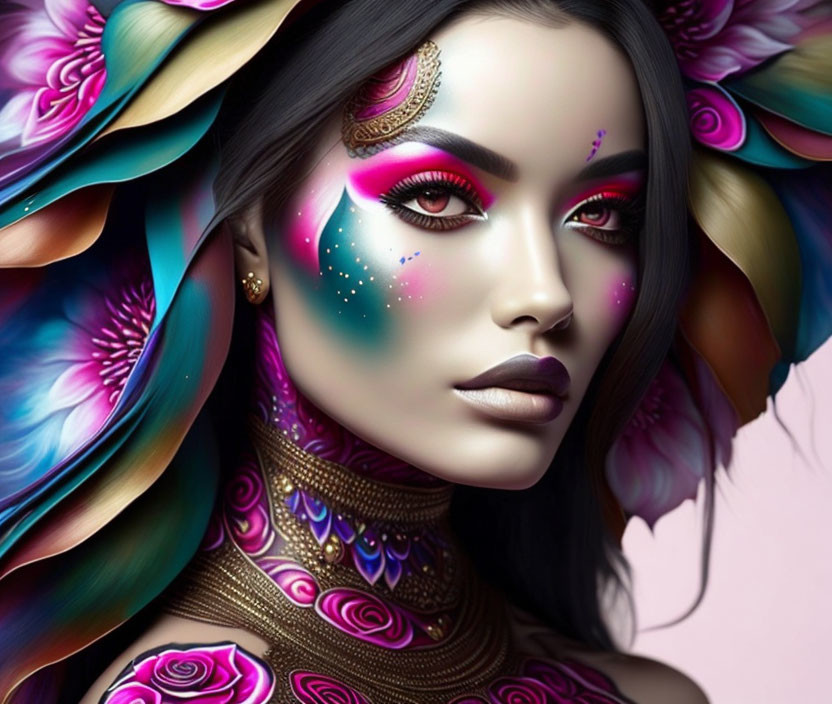 Digital portrait of woman with vibrant makeup and floral accessories on pink background