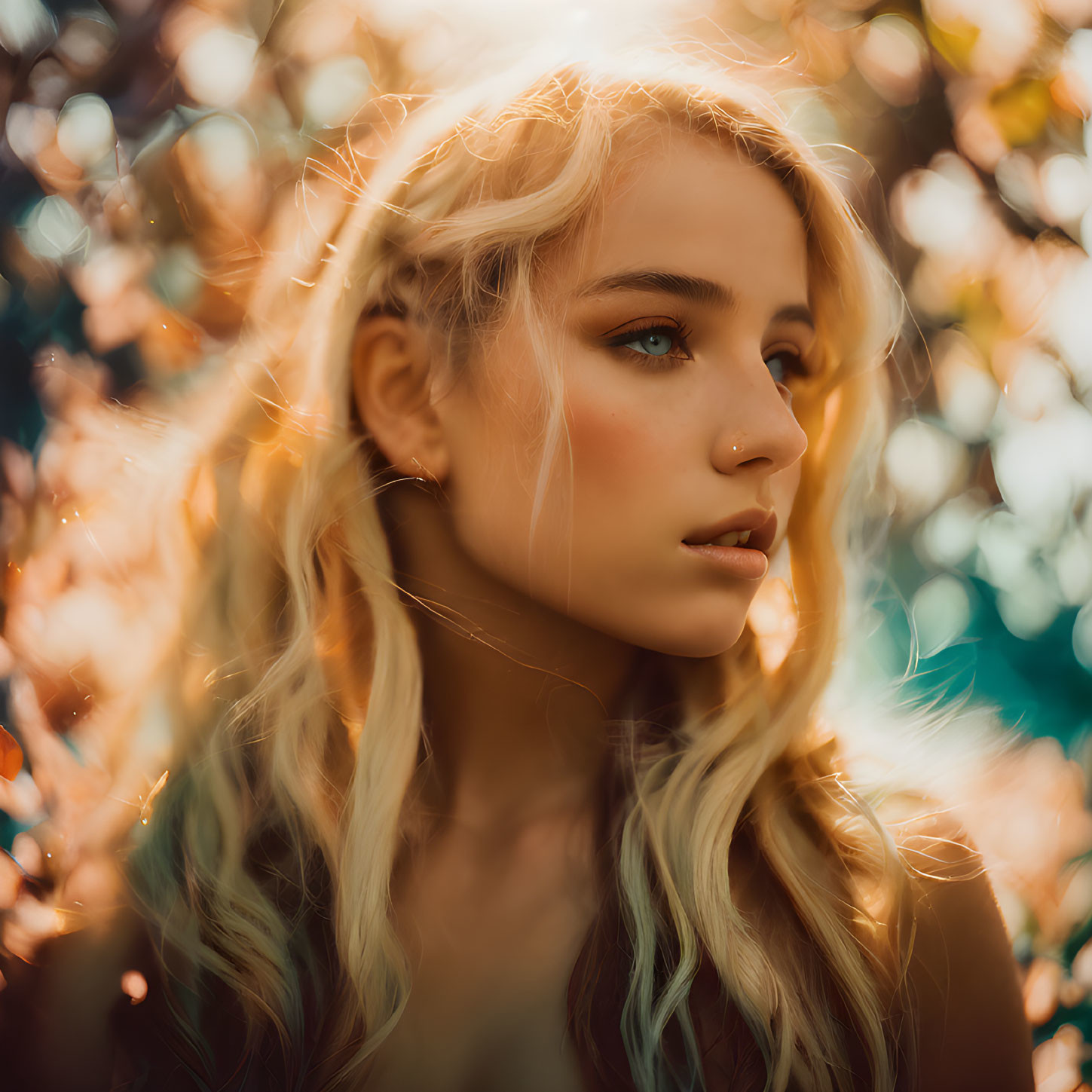 Blonde woman with nose ring gazing sideways in golden sunlight