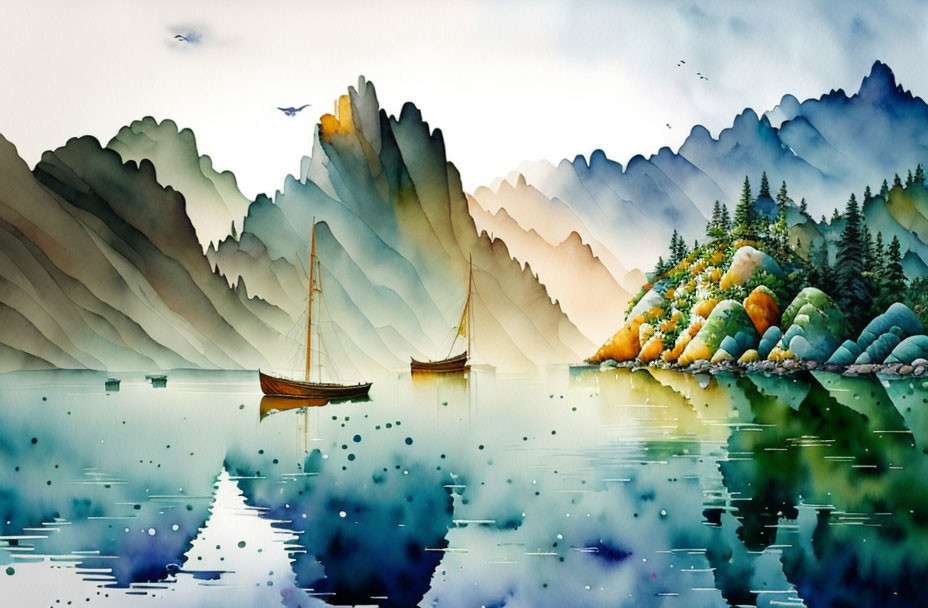 Tranquil watercolor landscape with boats, mountains, and reflections