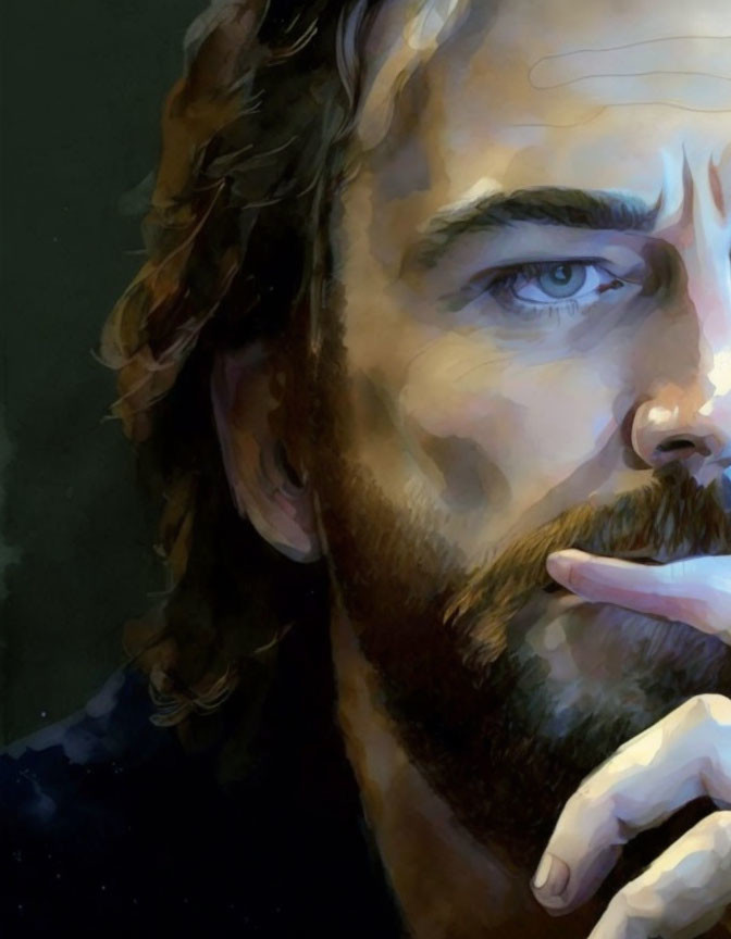 Contemplative man with beard and blue eyes in digital painting