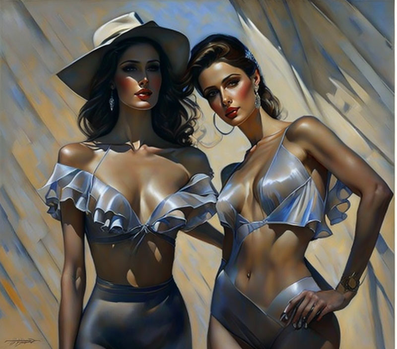 Two Women in Metallic Silver Bikinis and Wide-brimmed Hats on Abstract Beige Background