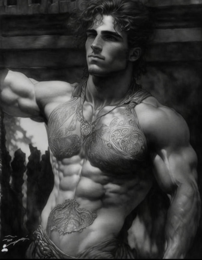 Muscular man with tattoos in monochrome drawing