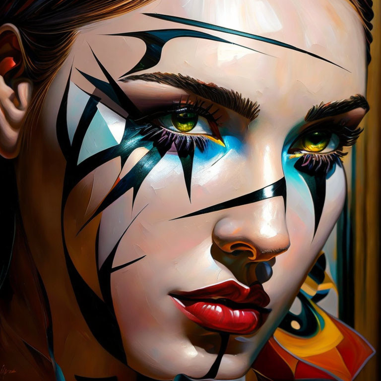 Vibrant geometric face paint portrait of a woman