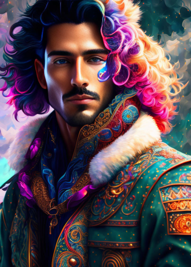 Vibrant digital portrait of a man with sculpted face and wavy hair wearing teal and gold