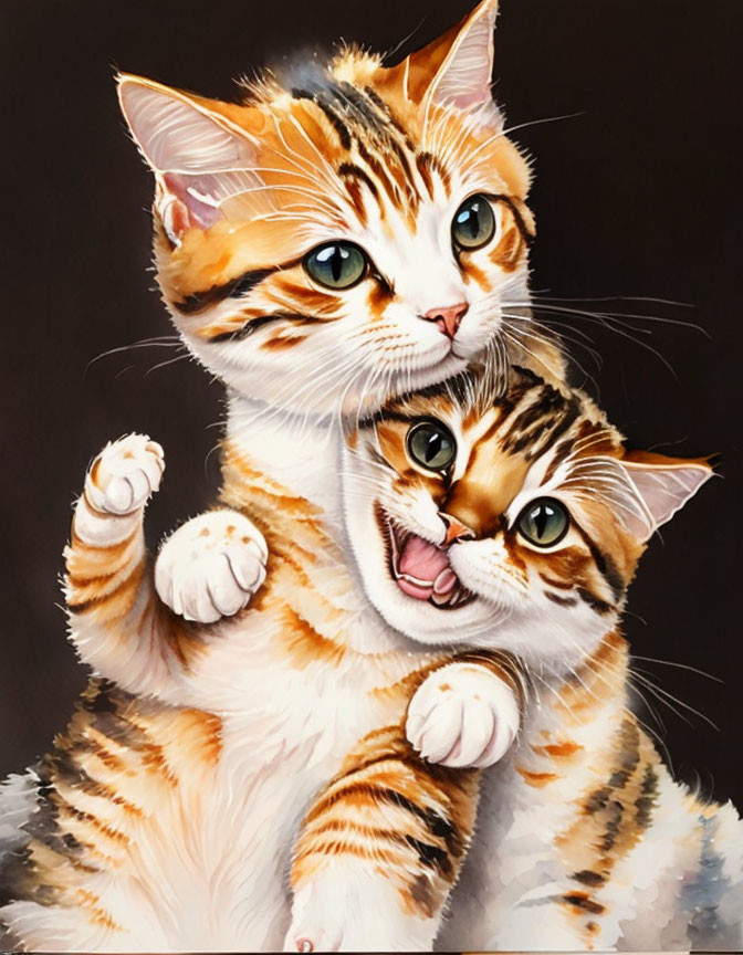 Two Orange and White Striped Cats Embracing in Playful Painting