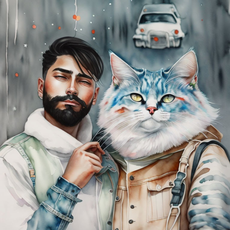 Illustrated man and whimsical cat in stylish attire with suspended retro car and snowflakes.