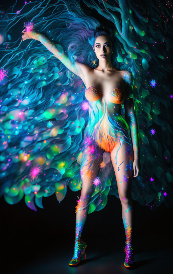 Vibrant body paint woman with neon flowers on dark background