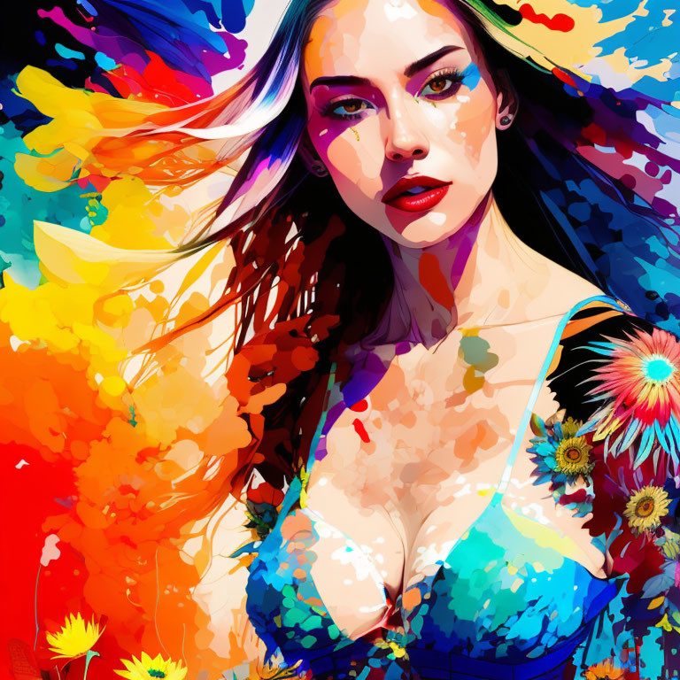 Colorful digital portrait of a woman with flowing hair and vibrant splatter of red, yellow, and