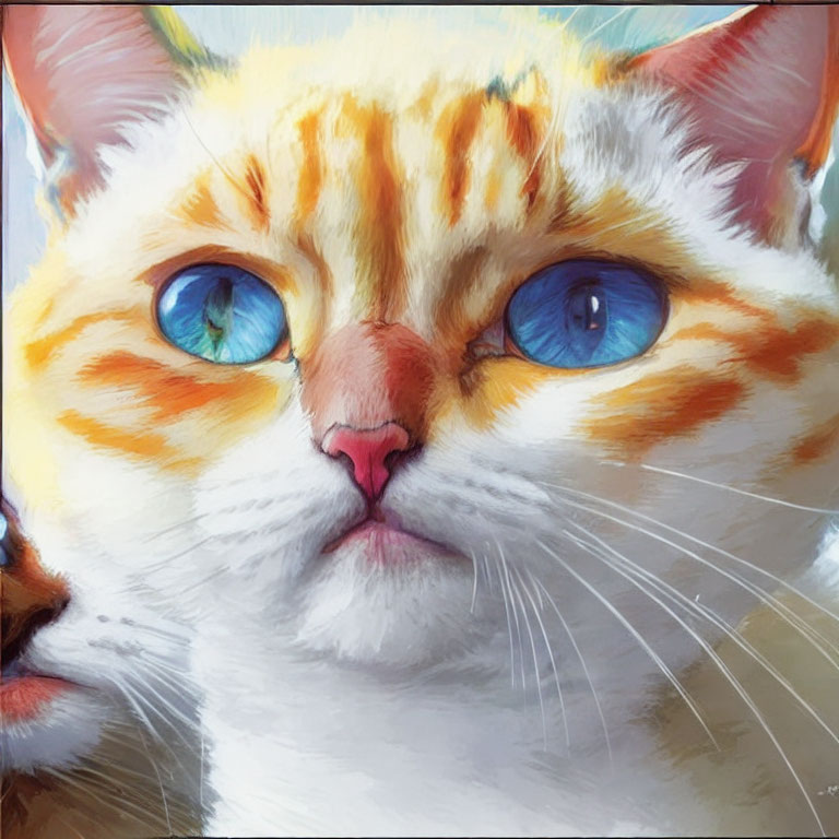 Detailed Close-Up Digital Artwork of Orange and White Cat with Striking Blue Eyes