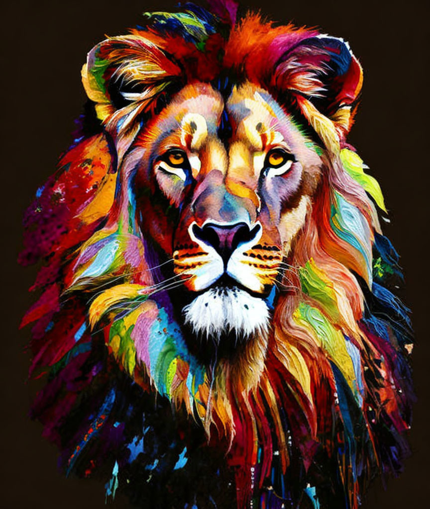 Colorful Rainbow Lion Illustration on Dark Background