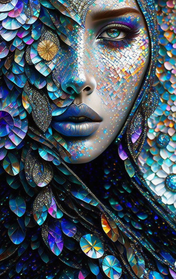 Woman's Face with Vibrant Blue and Iridescent Scales and Shimmering Makeup