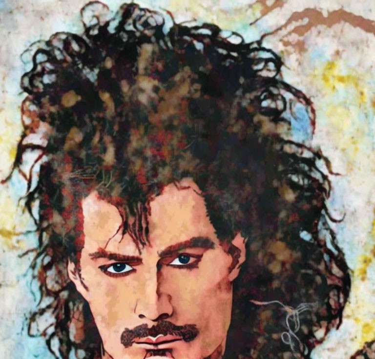 Person with Curly Hair and Mustache in Intense Gaze Against Abstract Background