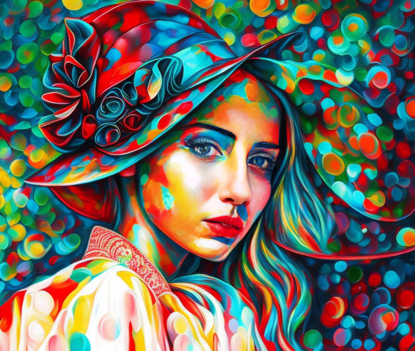 Colorful portrait of a woman with decorative hat in bright, circular patterns