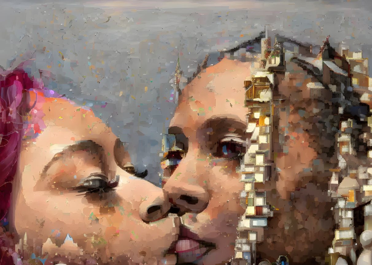 Romantic digital art: two figures near kiss, urban skyline blend