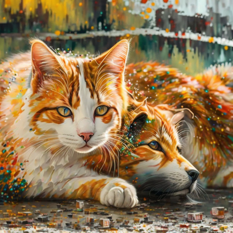 Colorful Close-Up Illustration: Cat and Fox Together in Abstract Background