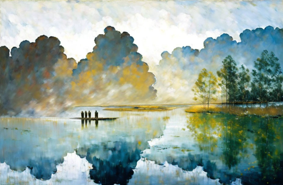Serene lake painting with golden sky, trees, and island silhouettes