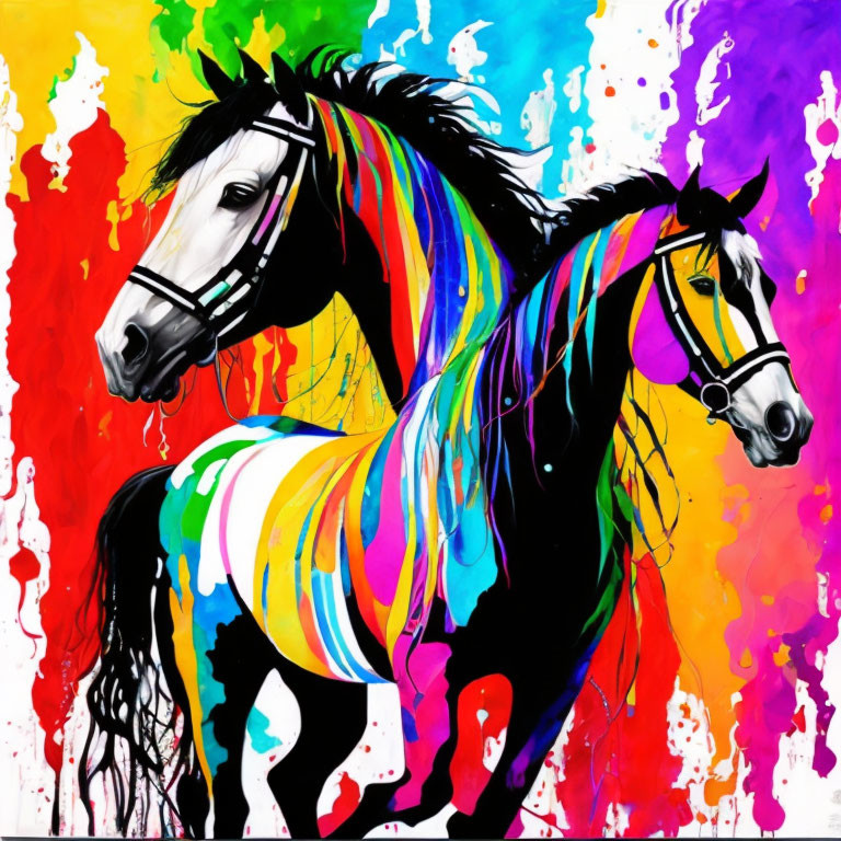 Colorful painting featuring two horses on a vibrant rainbow backdrop