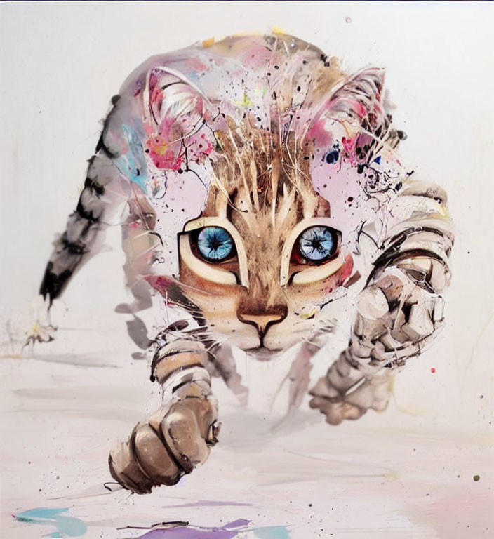 Colorful Cat Artwork with Exaggerated Blue Eyes and Abstract Paint Splashes