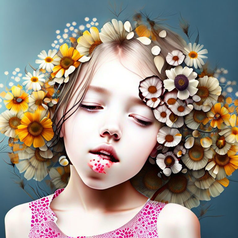 Digital artwork: Young girl with eyes closed, wearing flower wreath and red berry lips