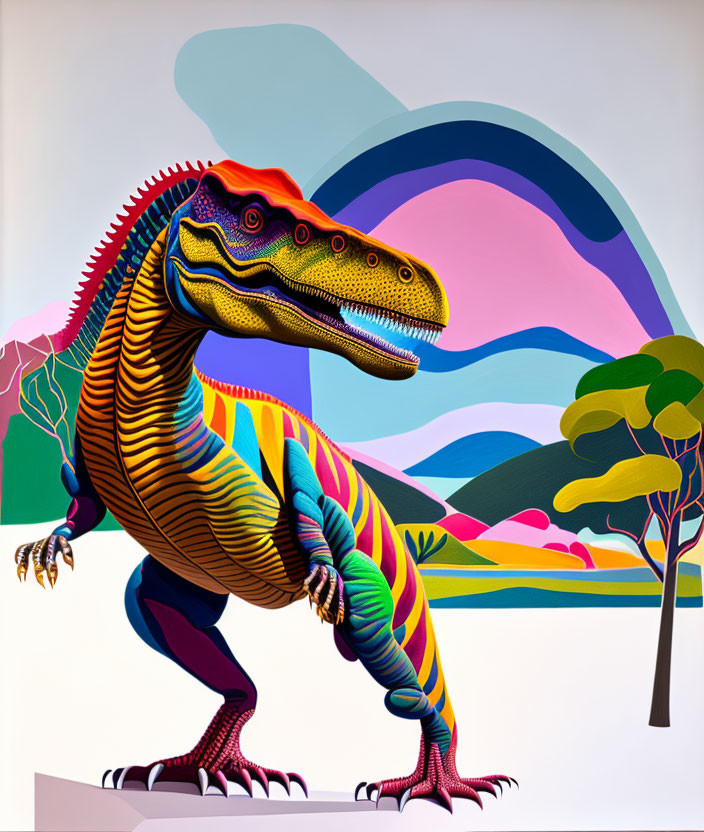 Colorful Stylized Dinosaur Illustration in Vibrant Landscape