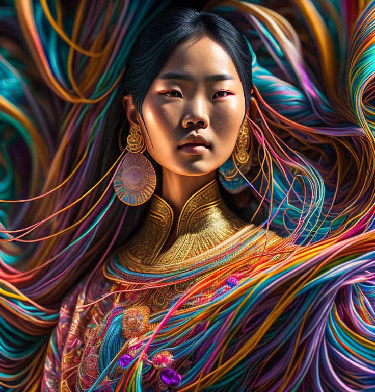 Golden Earrings Woman in Vibrant Colorful Background