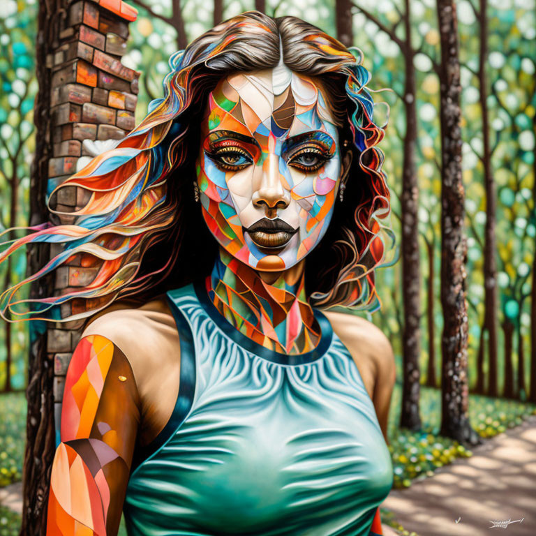 Colorful digital artwork: Woman with geometric face paint, flowing hair, forest backdrop