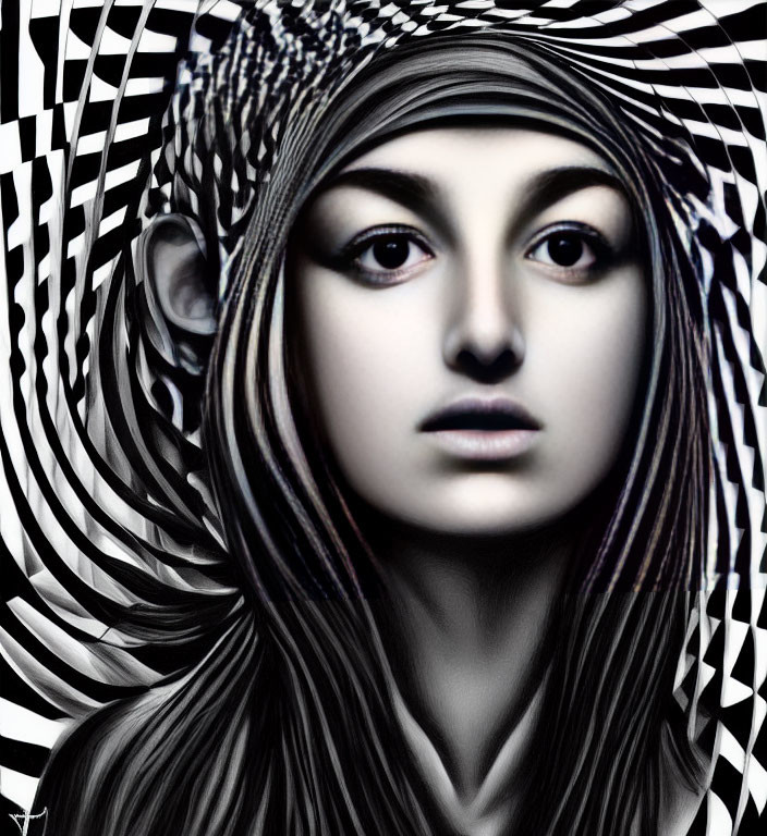 Photorealistic female face in digital art against abstract spiral backdrop