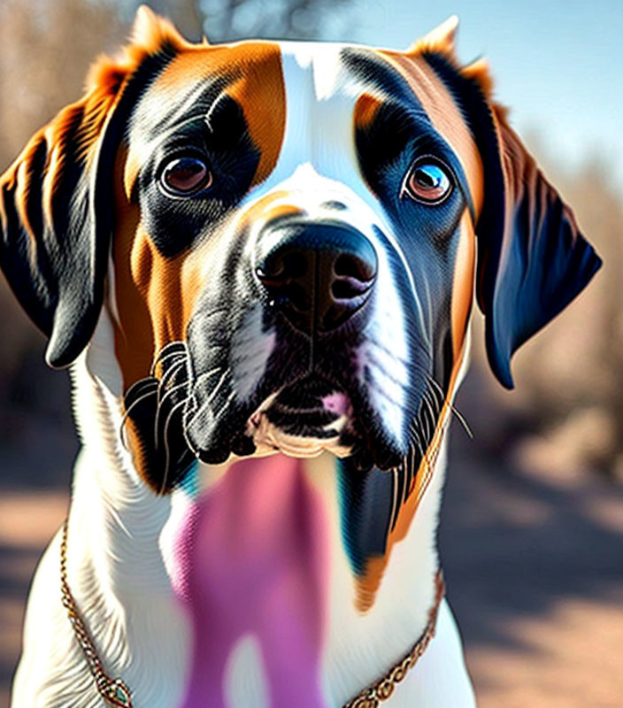 Tricolor dog with sad eyes and chain collar in close-up shot