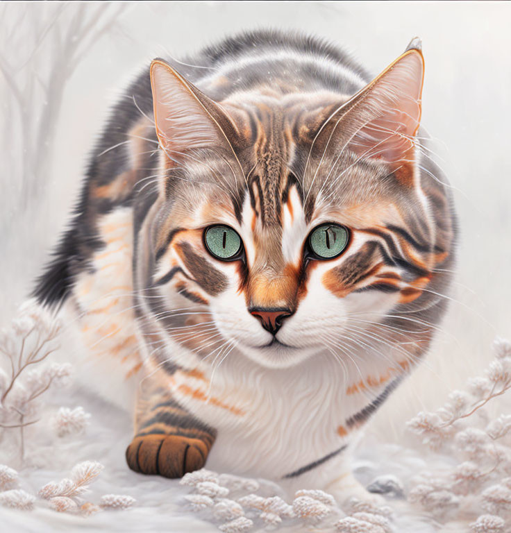 Orange and Gray Striped Cat with Green Eyes Among Frosty Plants