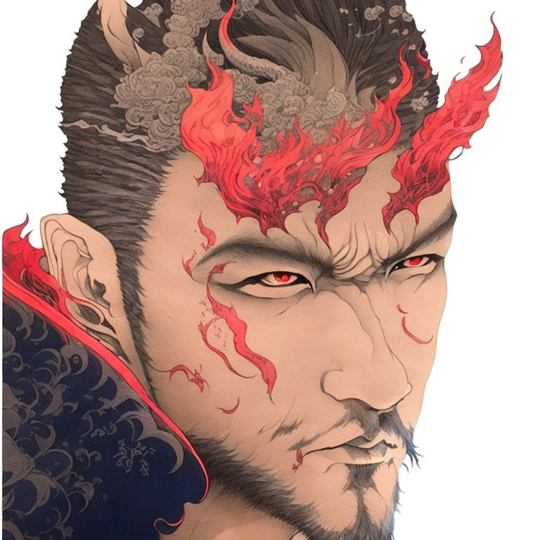 Illustrated portrait of a man with red eyes and flame-like patterns, emitting smoky designs