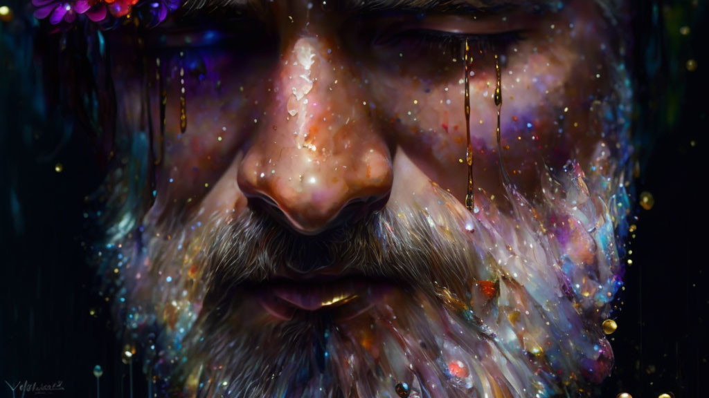 Man's face with galaxy-themed beard and cosmic tears.