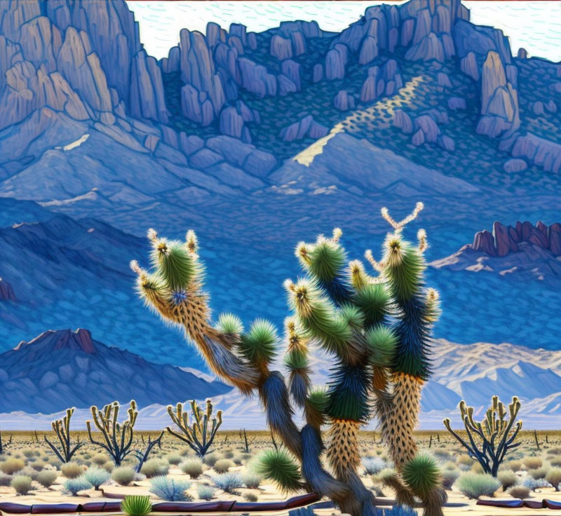 Desert landscape painting with rock formations and cacti