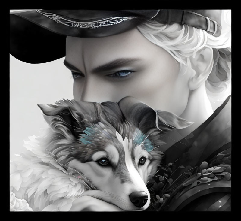 Monochromatic artwork featuring person in pirate hat with collie resting on shoulder