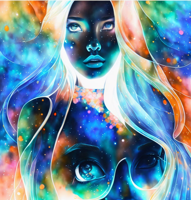 Vibrant digital painting of cosmic woman with glowing skin and flowing hair