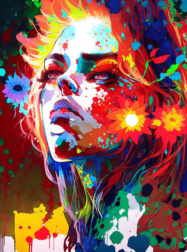 Colorful Abstract Art: Woman's Face with Splashes and Flowers